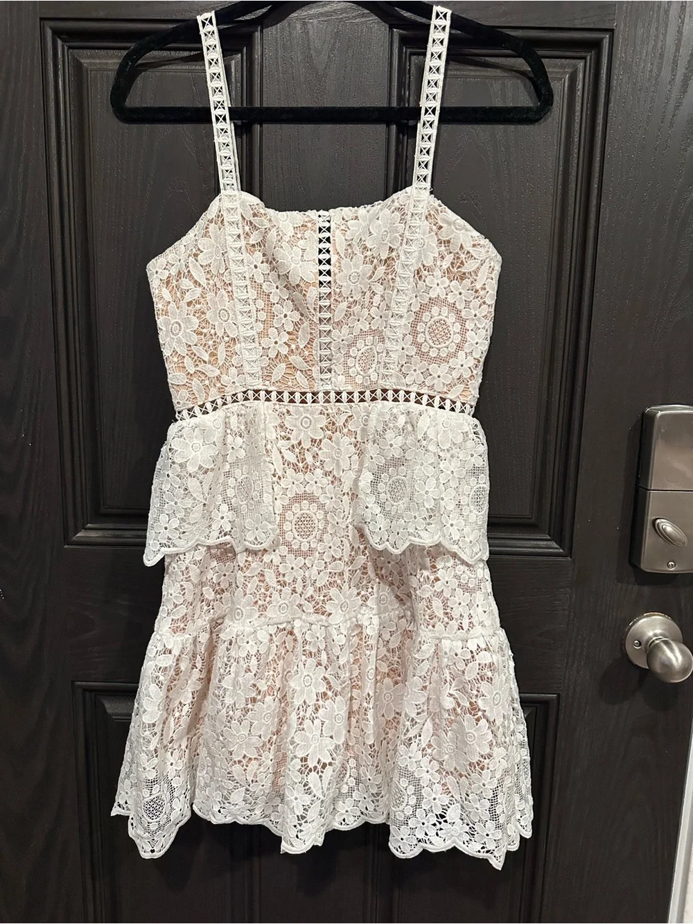 Showpo White Floral Lace Mini Dress with Tiered Peplum